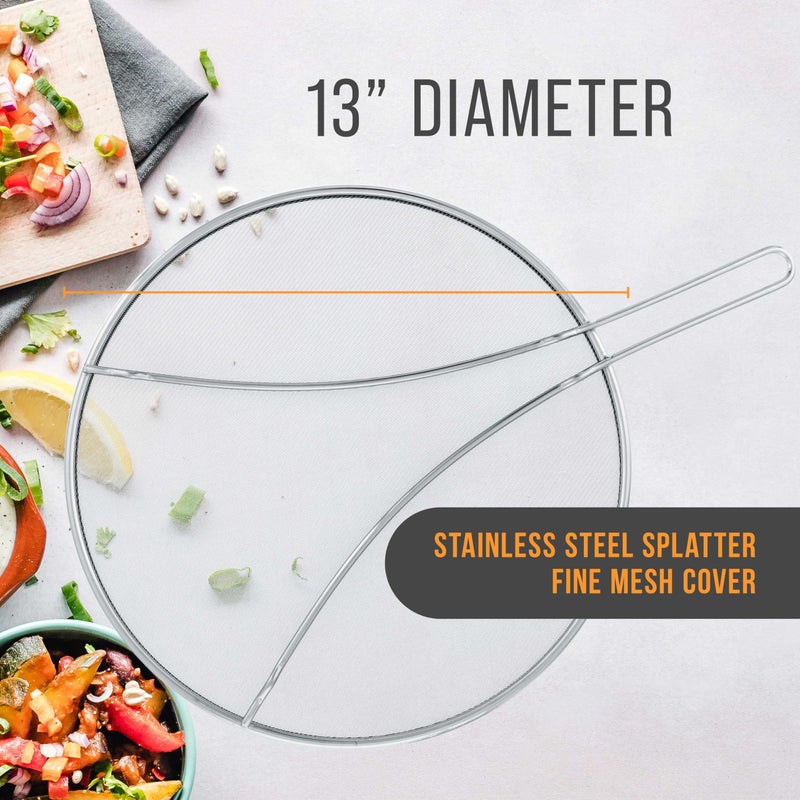 U.S. Kitchen Supply حارس تناثر من الفولاذ المقاوم للصدأ 13" شبكة دقيقة، غطاء للدهون والزيت، شاشة تناثر لمقلاة، أواني الطهي، مع أرجل للراحة - Image 2